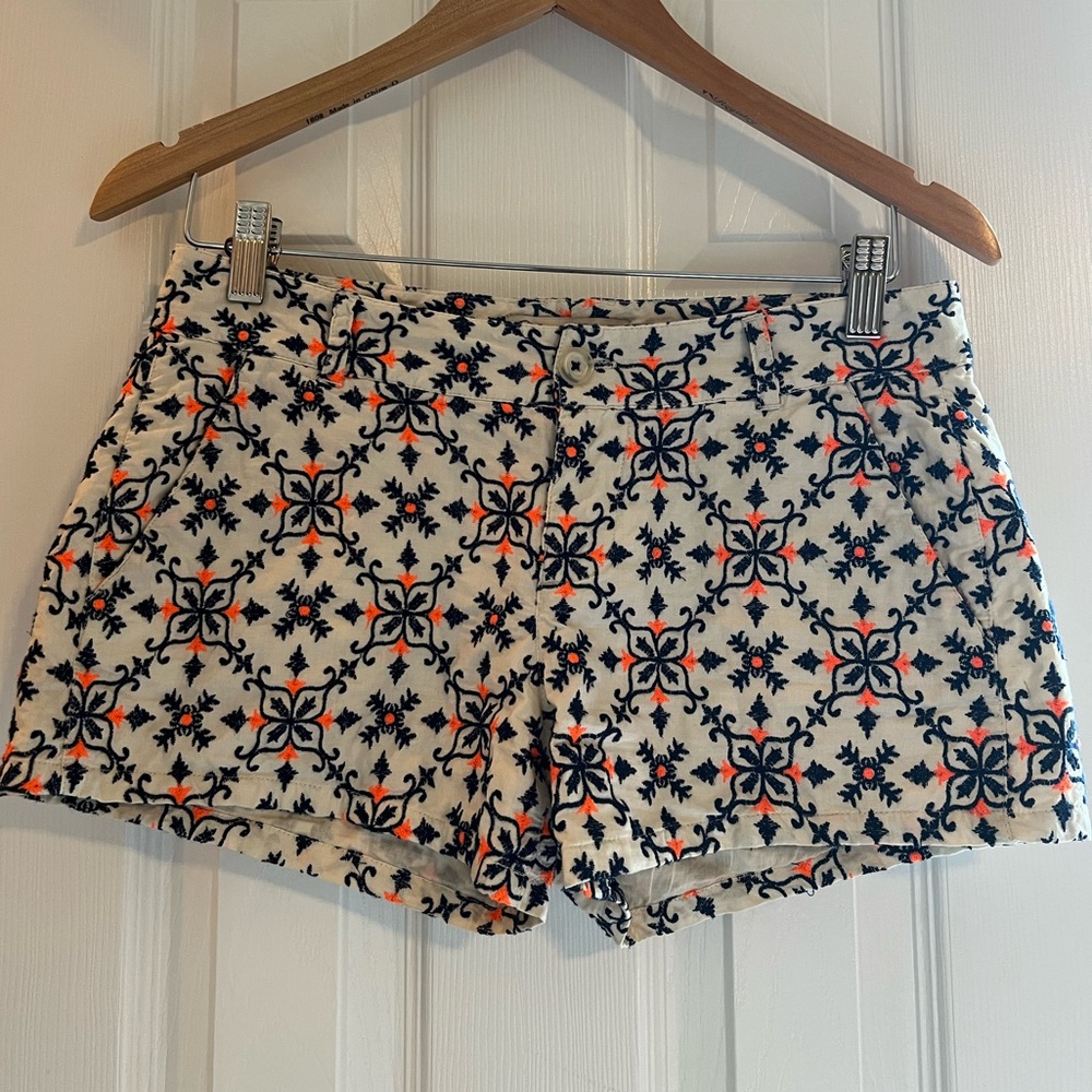 Lucky Brand, Live in Love, Navy and Orange Embroidered Boho Shorts, Size 25